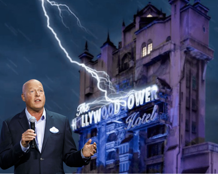 Man standing in front of Tower of Terror being struck by lightning