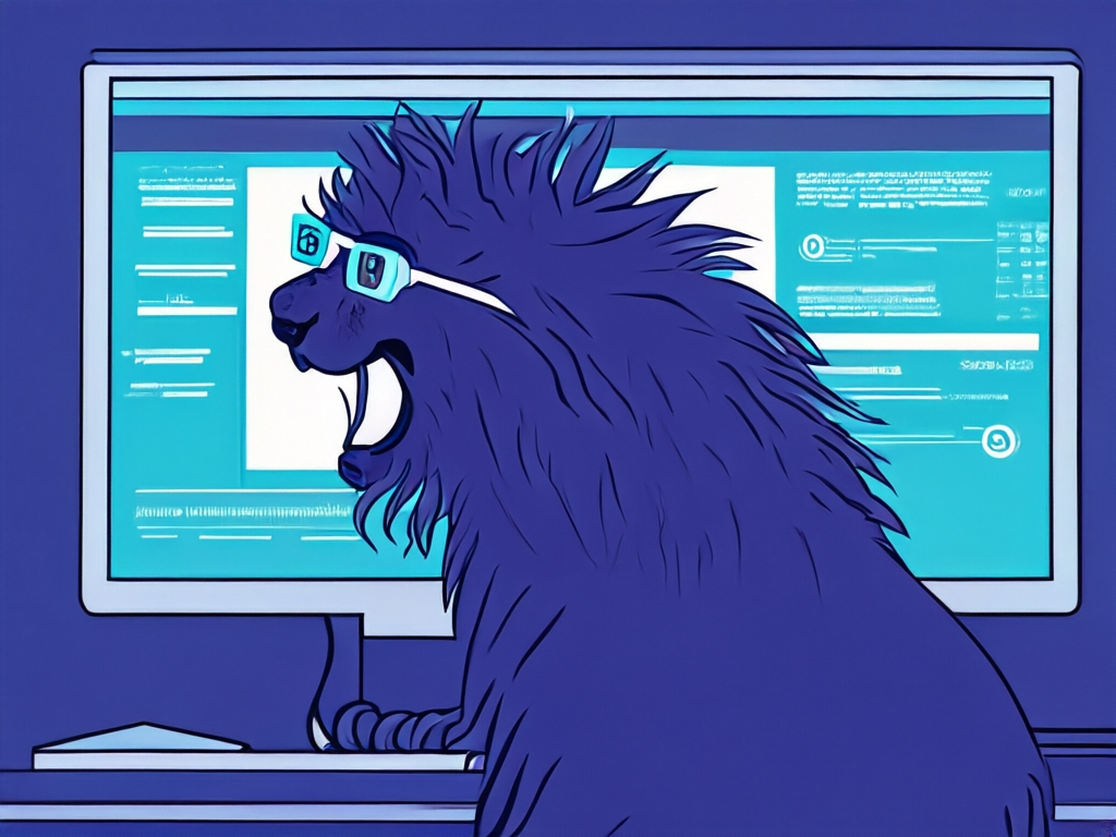 Lion wearing glasses roaring in front of a computer screen